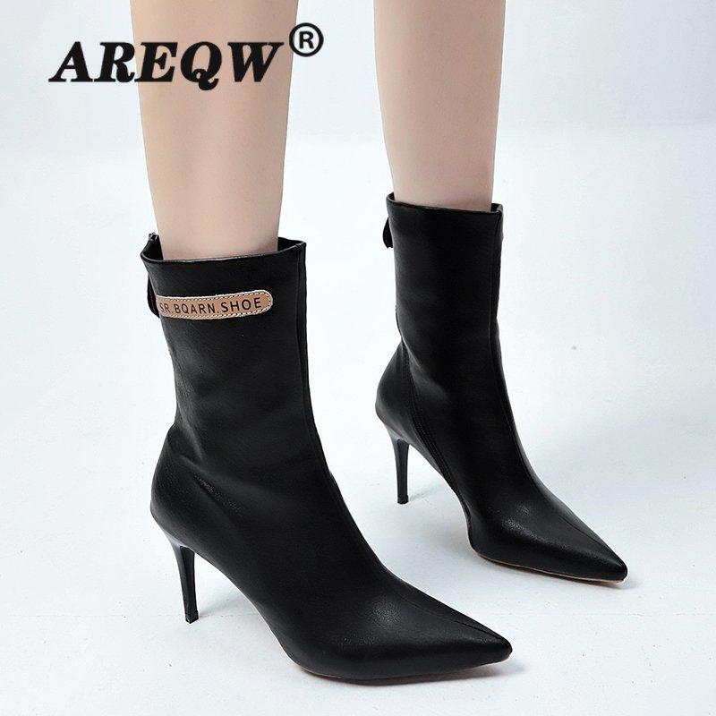 

Women Boots 2020 Autumn Leather Shoes Side Zipper Black Ankle High Heel Large