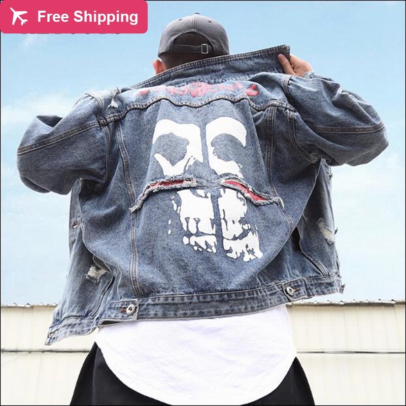 

Free shipment of 2020 new broken street fashion cloth denim retro wash water English skull print jacket jeans, Dark grey