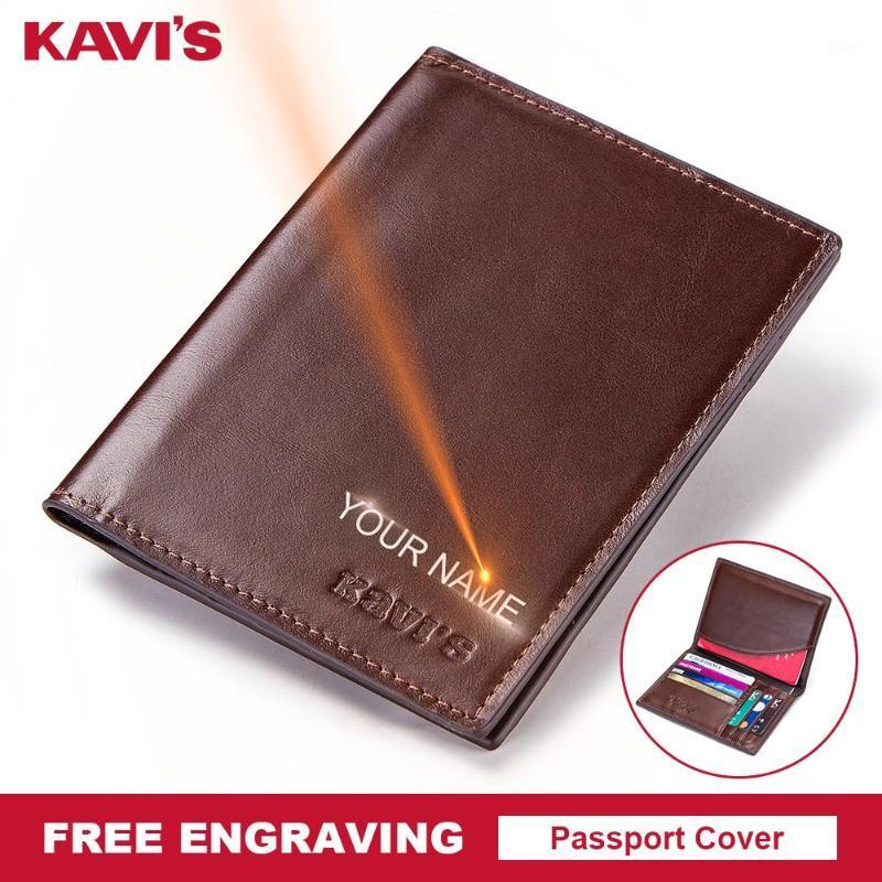 

KAVIS Free Engraving Name Passport Cover Genuine Cow Leather Small ID Card Holder Travel Credit Men Wallet Purse Case Thin1, Coffee m