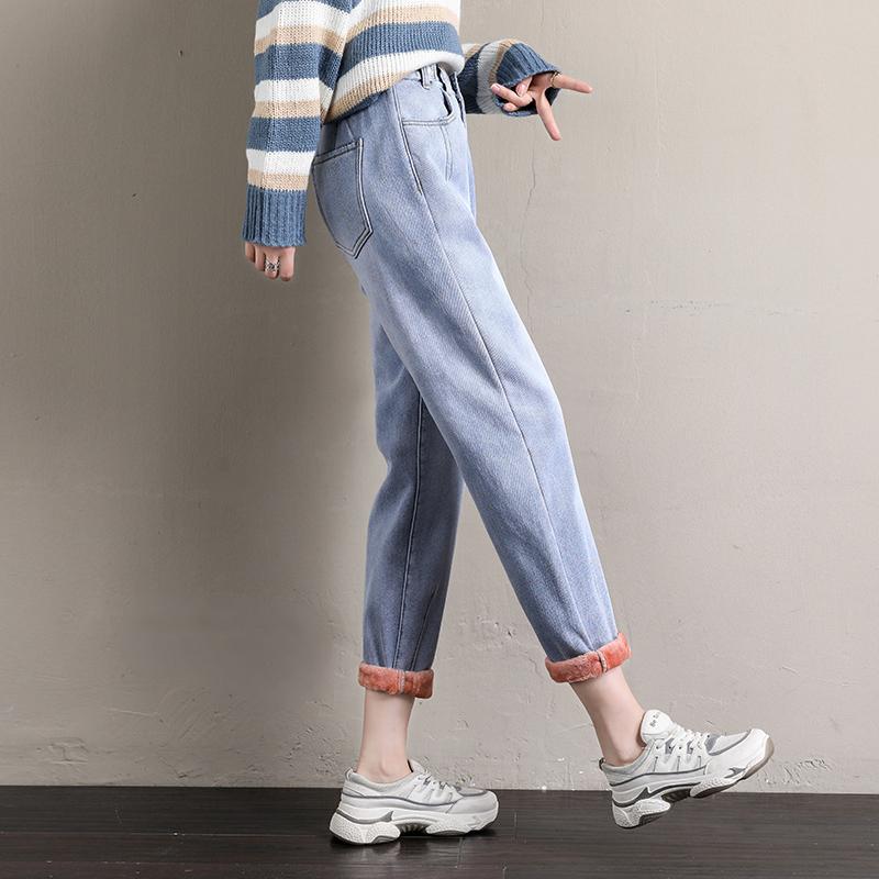 

2021 New Women Retro Loose Jeans Lady Plus Size -5XL Winter Warm Plush Pants High Waist Softener Full Length Denim Harem Pants, Black gray no plush