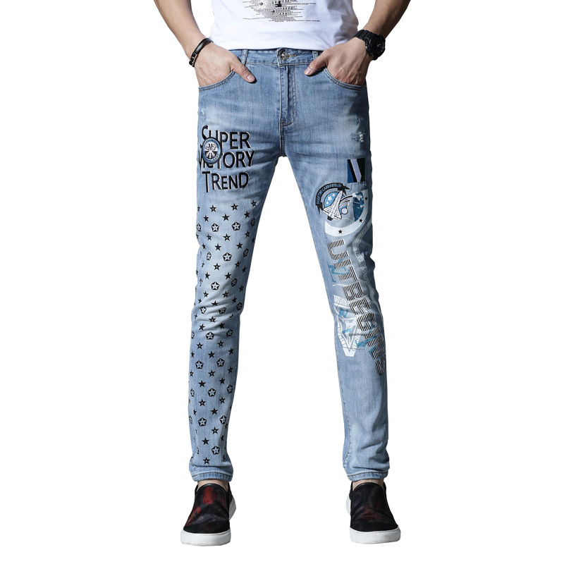 

2021 New Thin Denim Jeans for Men Stretcher Pants Embroidered Hip Cotton Embroidery Summer Blue Spring OGQC, Sky blue.