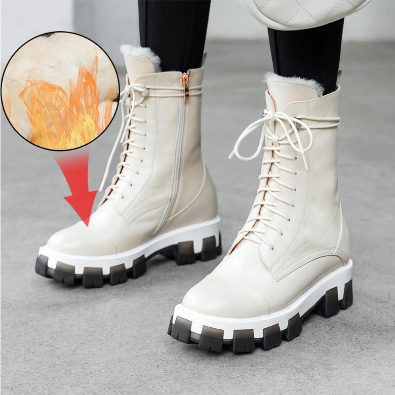 

Plus Size 34-43 Genuine Leather Shearling Wool Fur Lined Women Ankle Winter Boots Women Shoes Short Snow Boots Warm, Black