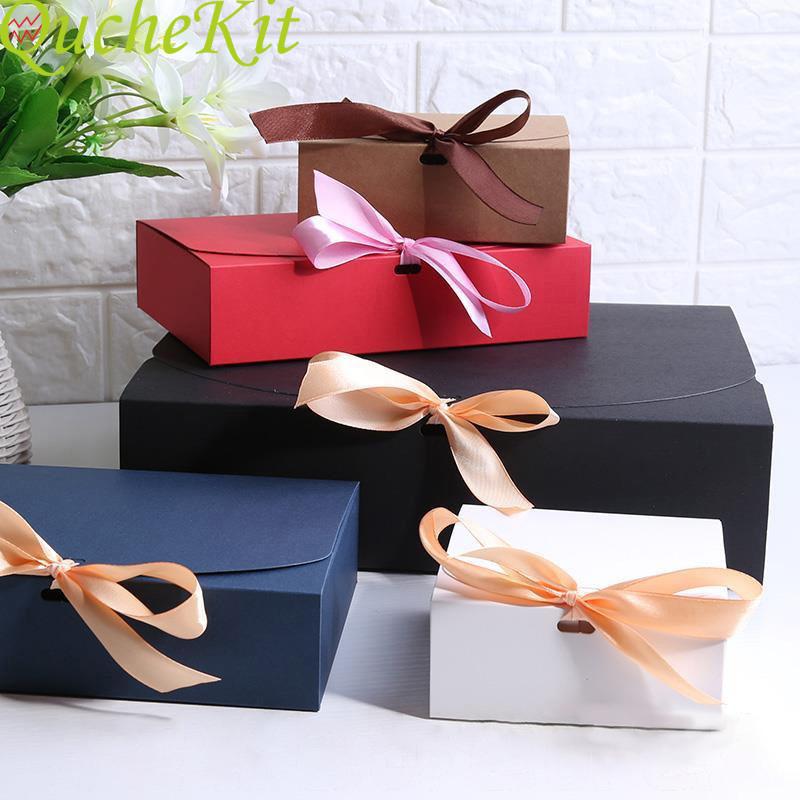 

Luxurious Blue Kraft Paper Gift Box With Ribbon Christmas Baby Shower Favor Boxes Wedding Party Cookie Cake Packaging Box 20pcs
