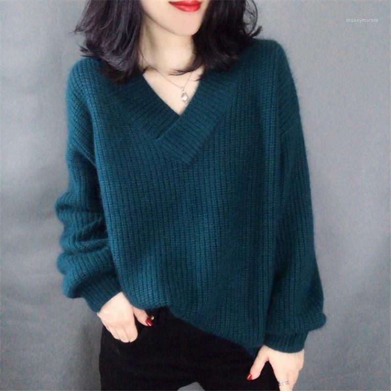 

Women Autumn Cashmere V-Neck Sweater Elegant Lantern Sleeve Knitted Top Female Casual Solid Pullover Sweater1, Seaweed blue