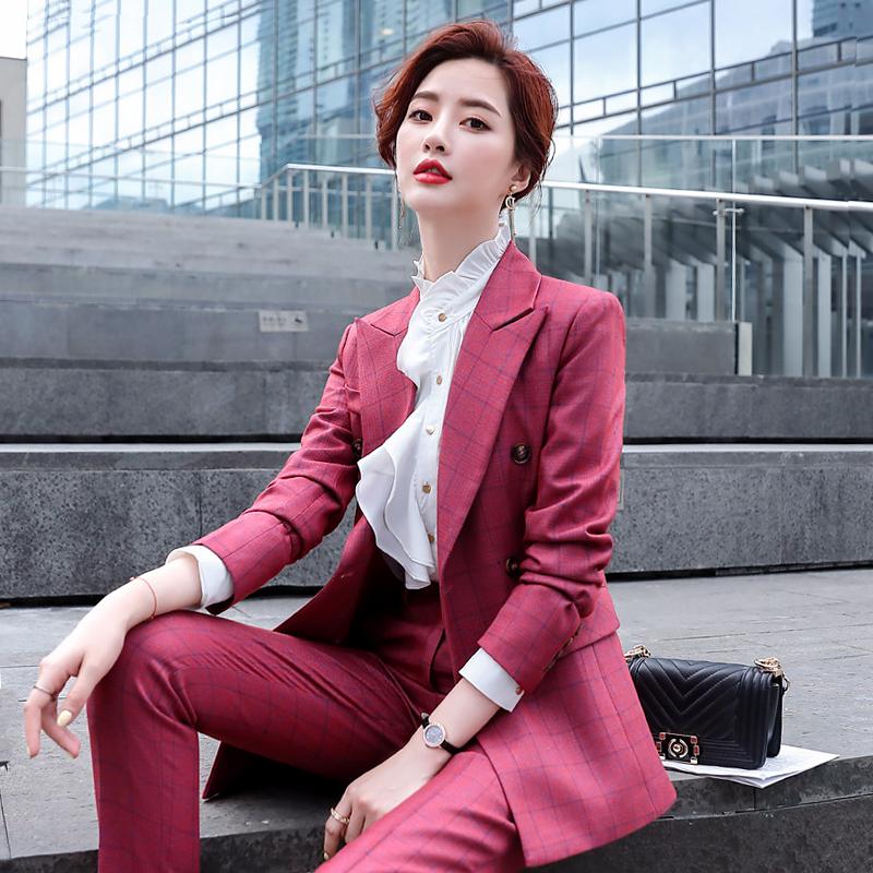 

IZICFLY New Style Winter Spring Red Plaid 2 Piece Set Women Suit Blazer And Pants Office Business Set With Trouser Work Wear, Red coat and pant