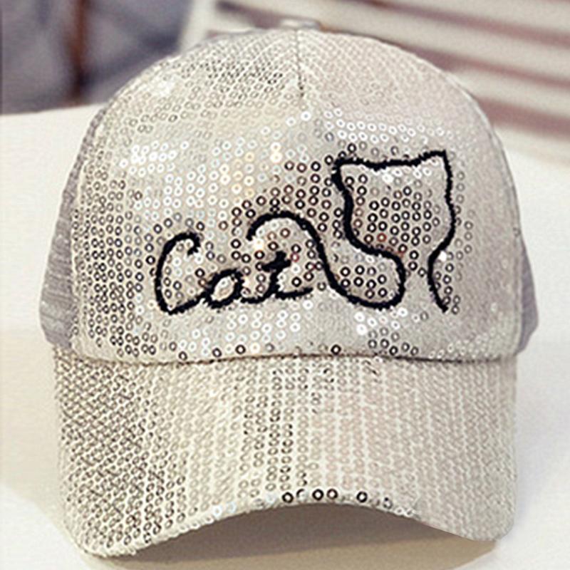

Cartoon Outdoor Mesh Summer Cute Soft Breathable Kids Baseball Cap Cat Paillette Headwear Sun Hat Adjustable Bling Casual, Black
