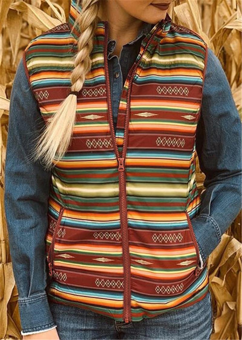 

Zipper Vest Women Stripe Sleeveless Pocket Jacket Bohemian Coat Autumn Winter Women Vest Casual Female Waistcoat, Red plaid