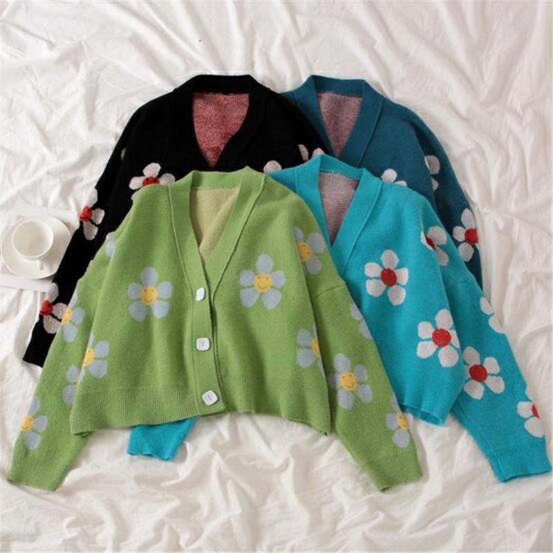 

Korea Style Flower Knit Cardigans Sweater Women V Neck Loose Elegant Thicked Pull Femme Print Short Casual Coat Knitted Sweater