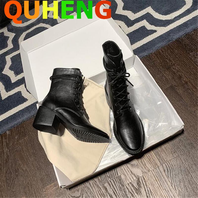 

Women's Boots Autumn Winter Thick Heel Round Toe Female Boots Handsome Lace Up Woman Motorcycle Zapatos De Mujer, Black