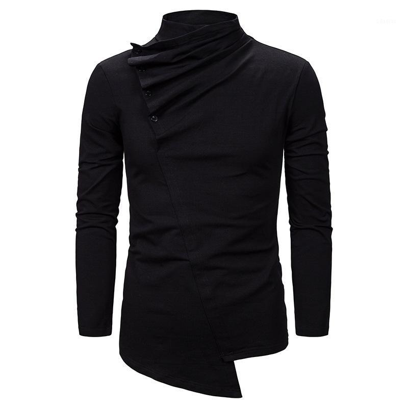 

Men' Fashion Pile Collar Diagonal Button Design Irregular Cut Slim Fit Long Sleeve T-shirt1, Black