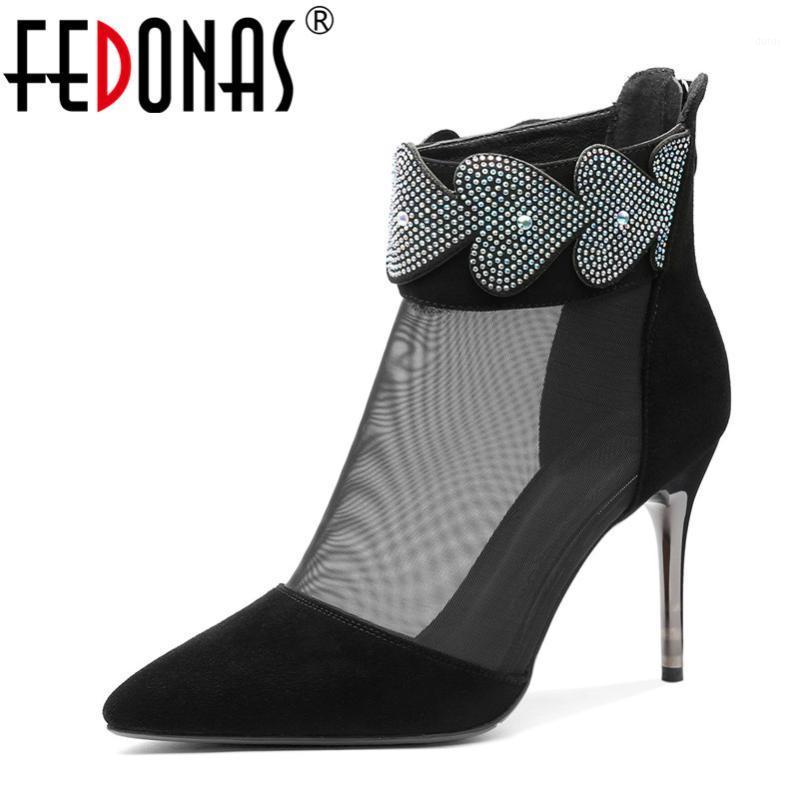 

FEDONAS 2020 Summer New Pointed Toe High Heels Mesh SheepSkin Zipper Women Ankle Boots Night Club Shoes Woman Prom Party Shoes1, Black