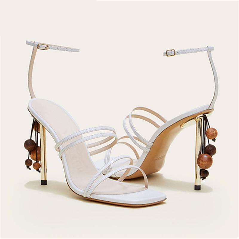 

Genuine Leather Women Sandals Straps 10cm High Heel Shoes Woman Fringed Sandalias Mujer 2021 Summer Gladiator Sandal, As picture