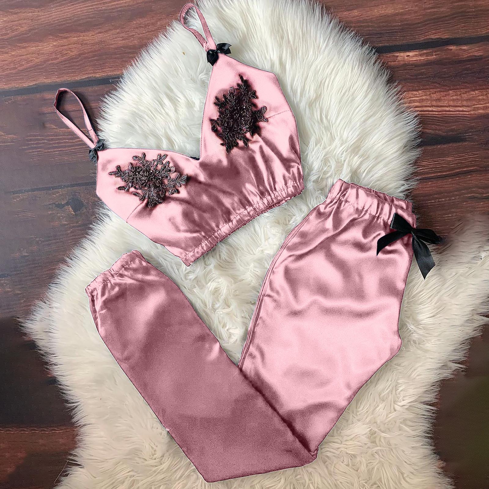 

Womens Winter Two-piece Home Sleepwears Suit For Spring And Sleeveless Stain Bowknot Suede Pants Pajamas Women Cotton