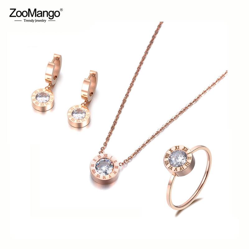 

ZooMango Classic Round 2Ct Cubic Zirconia Pendant Necklace Earrings Ring Jewelry Sets Titanium Steel For Valentine's Day ZSE007R, As pic