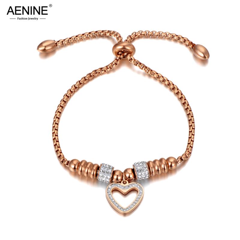 

AENINE Titanium Stainless Steel White Rhinestone Chain & Link Bracelets For Women Love Heart Adjustable Size Bracelet AB20053