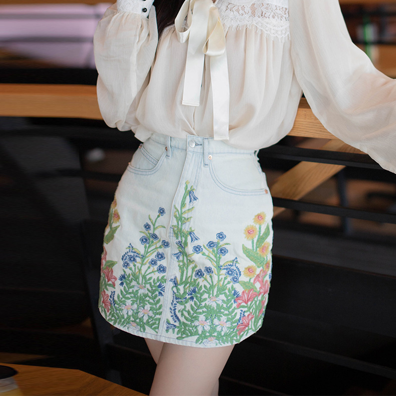 

Female Fashions Denim Stylish Mini-aline Floral Embroidery 2021 High Waist Luxury in Thin Party Skirt Casual Clothes Nc0v, Picture color
