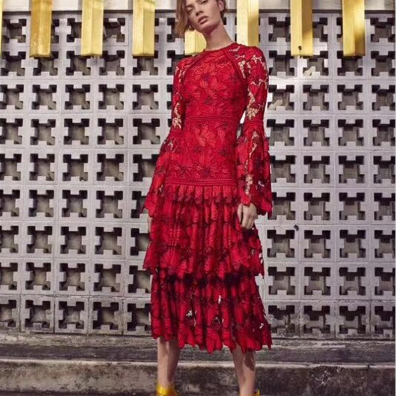 

High Quality Runway Women Sexy Lace Hollow Out Embroidery Ruffles Layered Dress Flare Sleeve Elegant Party Long Dresses Vestidos, Red