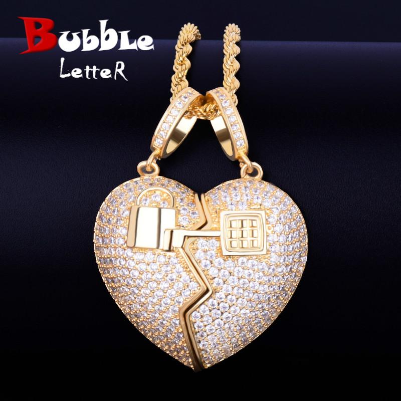 

Couple key Heart pendant Pendant Necklace Tennis Chain Gold Color Cubic Zirconia Men's Hip hop Rock Jewelry 5x3.5cm