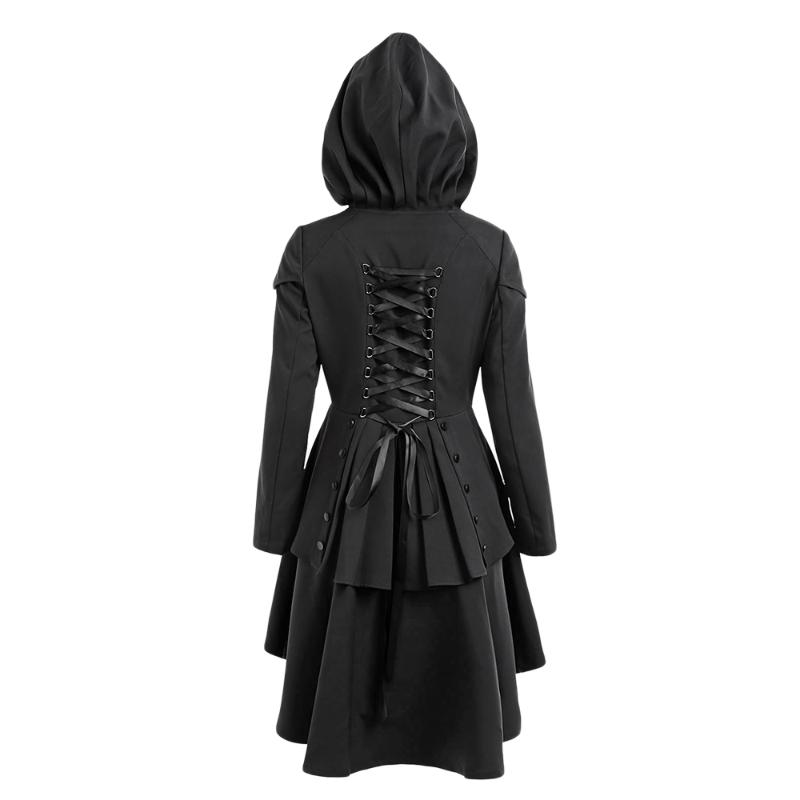 

Nice Women Trench Plus Size Lace Up High Low Hooded Coats Female Outwear Autumn Women Layered Gothic High Waist Trench Coats, Black