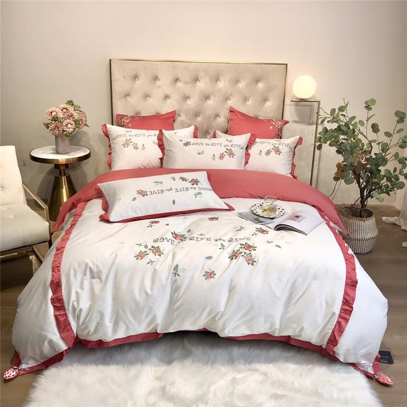 

2020 Luxury Egypt Cotton Strawberry Ruffles Bedding Set Embroidery Duvet Cover Set Bed Sheet Pillowcases Queen King Size 4Pcs, Zyj1