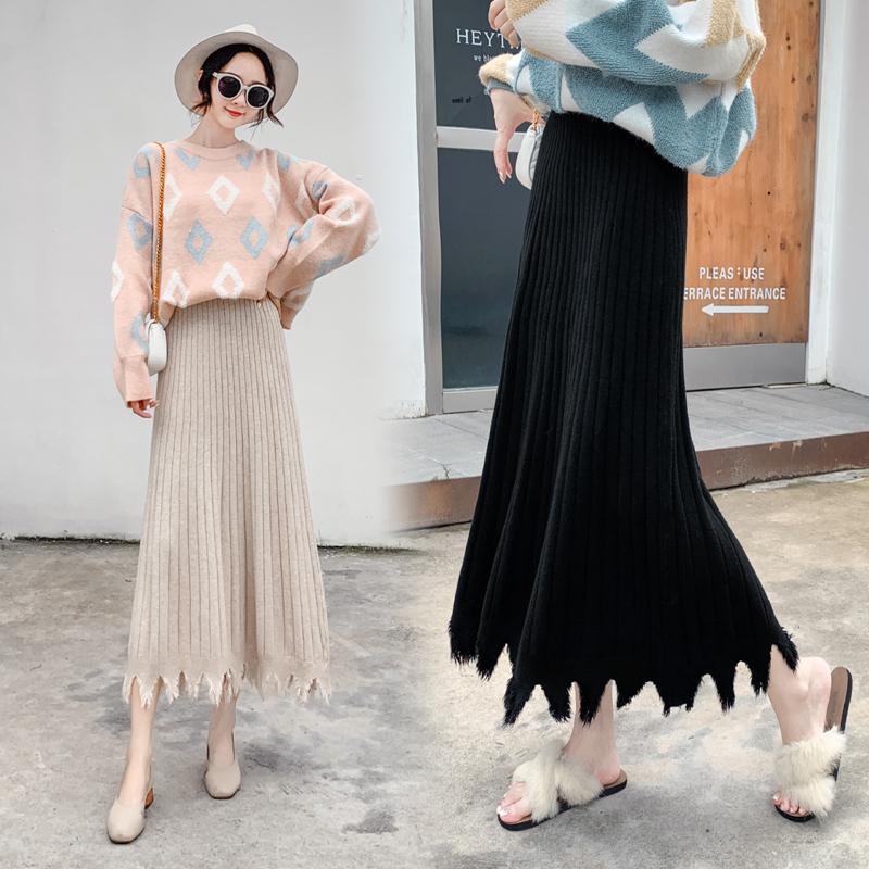 

2020 Autumn Winter Women Knitted Skirts Korean Chic Clothes  Warm Skirts All-Match Tassel High Waist Bottom Black Skirt, Beige