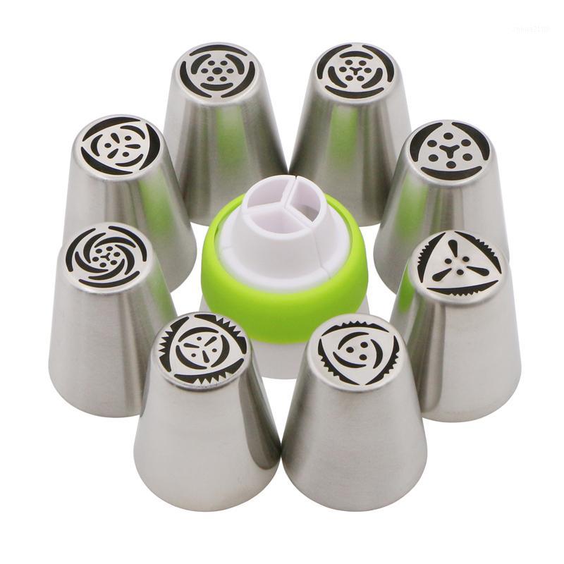 

Wholesale- 8 Pcs Kitchen Accessories Cake Pastry tools Stainless Steel Nozzles Russian Piping Tips +1 PCS Baking Converter Coupler1