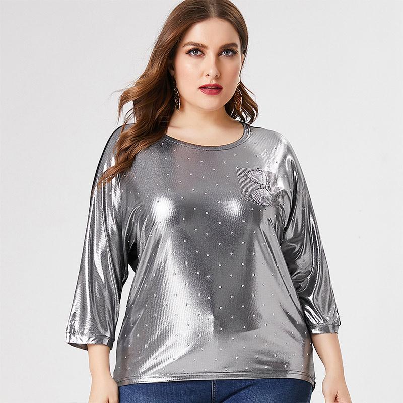 

2020 Fall Women Long sleeve Silver T-shirt fashion ladies elegant mom clothes Plus Size Womens Party Tops