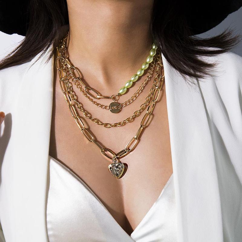 

HC Vintage Imitation Pearl Link Necklace Punk Hip Hop Multilayer Chunky Chain Choker Necklace Vintage Heart Steampunk Jewelry T
