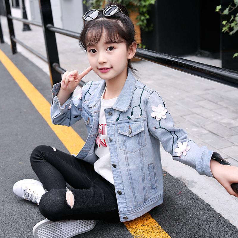 

Spring Embroidery Appliques Girls Denim Jackets And Coats 3D Flowers Children Outerwears Teenage Girls Jeans Clothing For 5-14T, Blue
