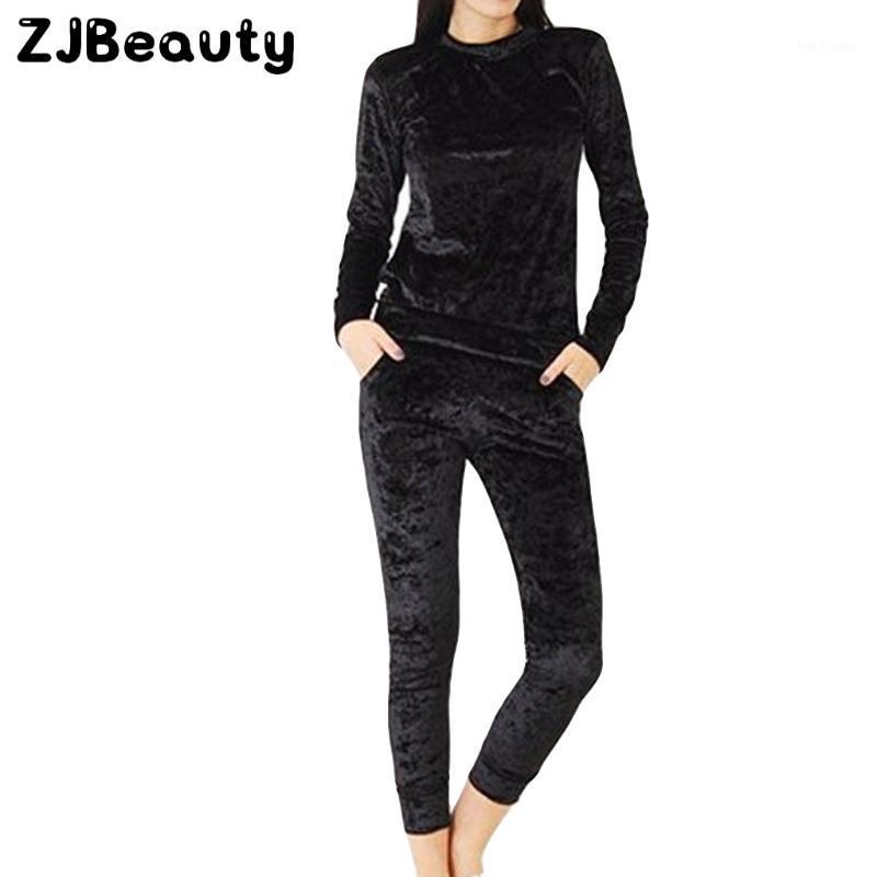 

Autumn Velvet Exercise Set Women Solid Sportwear Costume Set Long Sleeved Top+Pant Velour Smooth Tracksuit Sets Sport Suit#g41, Black