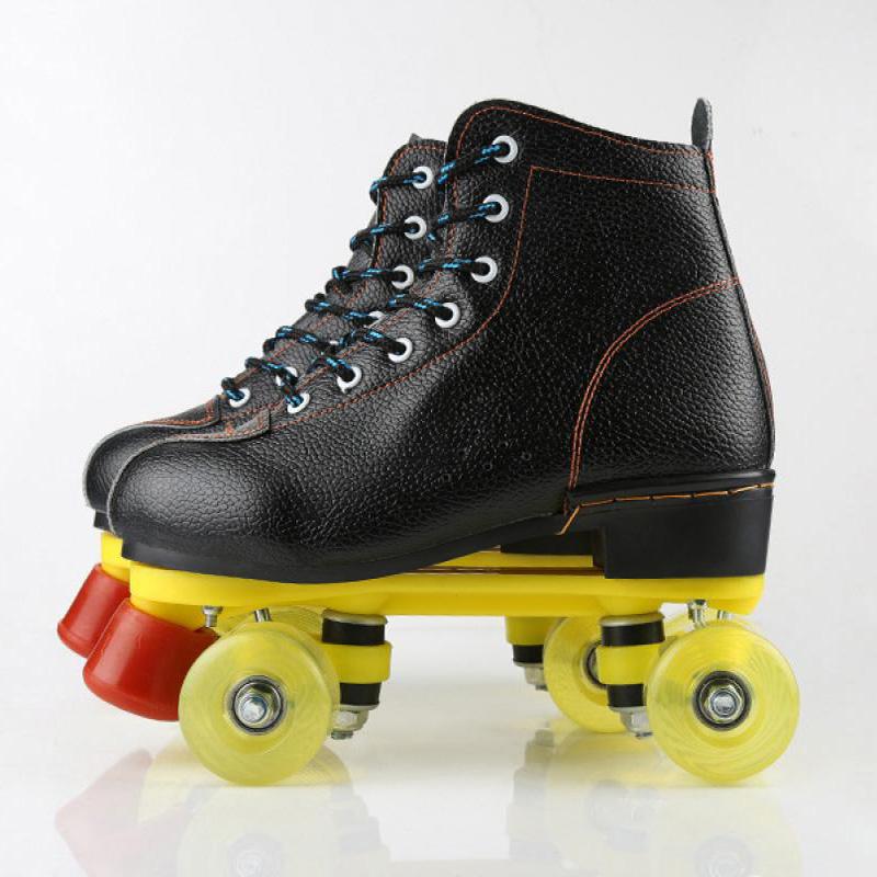 

Cowhide Leather Roller Skates Black Double Line Skates For Women And Men Two Line Skate Shoes Patines With Flash Wheels Patins, Black wheels
