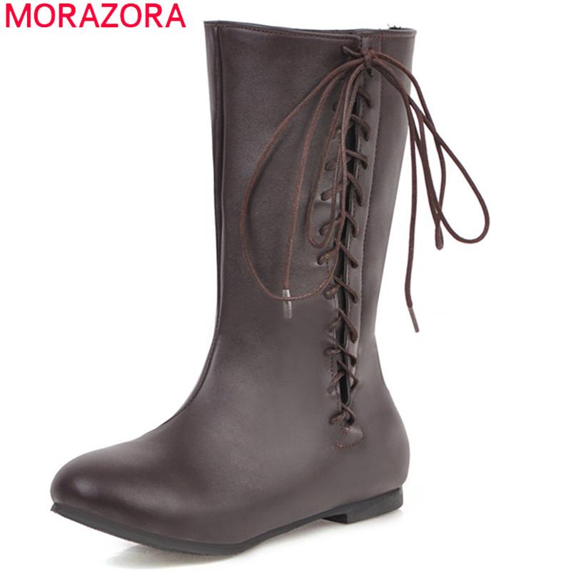 

MORAZORA 2020 new arrival women ankle boots cross tied autumn winter Western boots comfortable casual flat shoes woman, Black