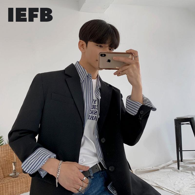 

IEFB Men' Spring New Casual Suit Coat Loose Tops Korean Fashion Streetwear Handsome Fold Striped Cuff Blazers 2021 New 9Y5493, Black