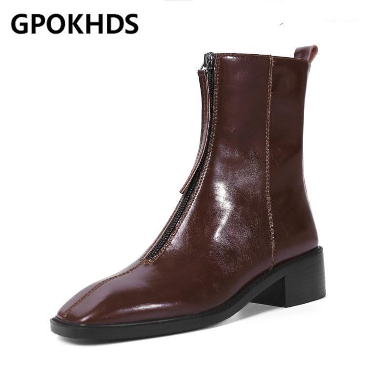 

GPOKHDS 2021 women soft ankle boots cow leather zippers boots winter short plush square toe high heels women1, Black