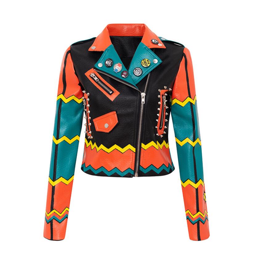

Leather Jacket Women Graffiti Colorful Print rivet Biker Jackets and Coats PUNK Streetwear Ladies Short Jacekt Outerwear clothes w1220, Photo