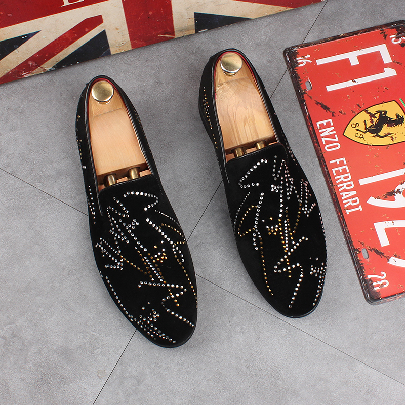 

Korean Male Style Party Dress Banquet Leather Shoes Bright Strass Slip in Black Lazy Shoe Summer Moccasins X11v
