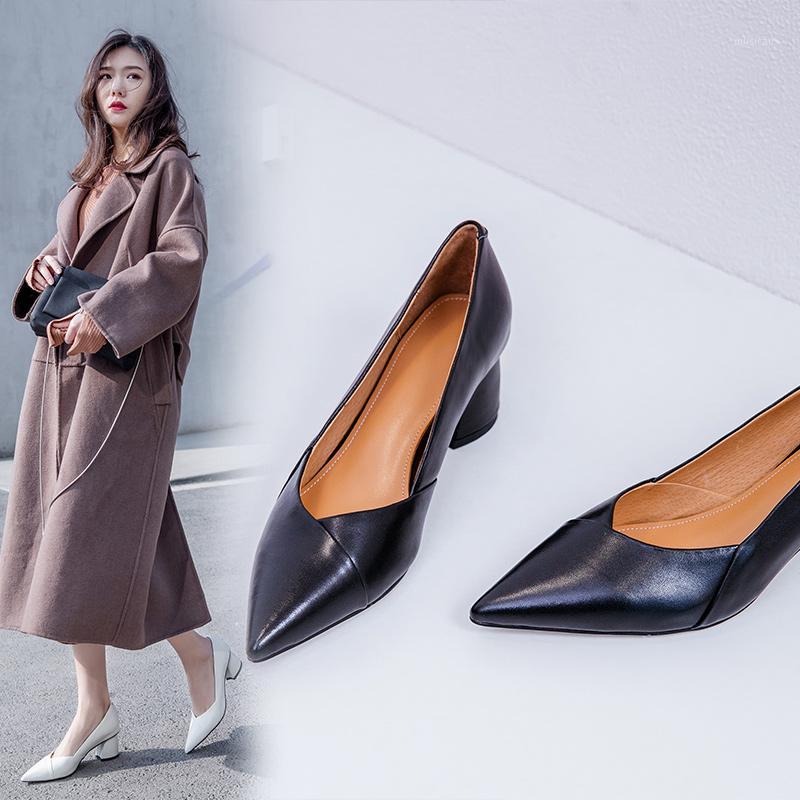 

INS hot women pumps Genuine Leather shoes Cowhide upper sheepskin insole Thick heel stitching classic women's shoes1, Black