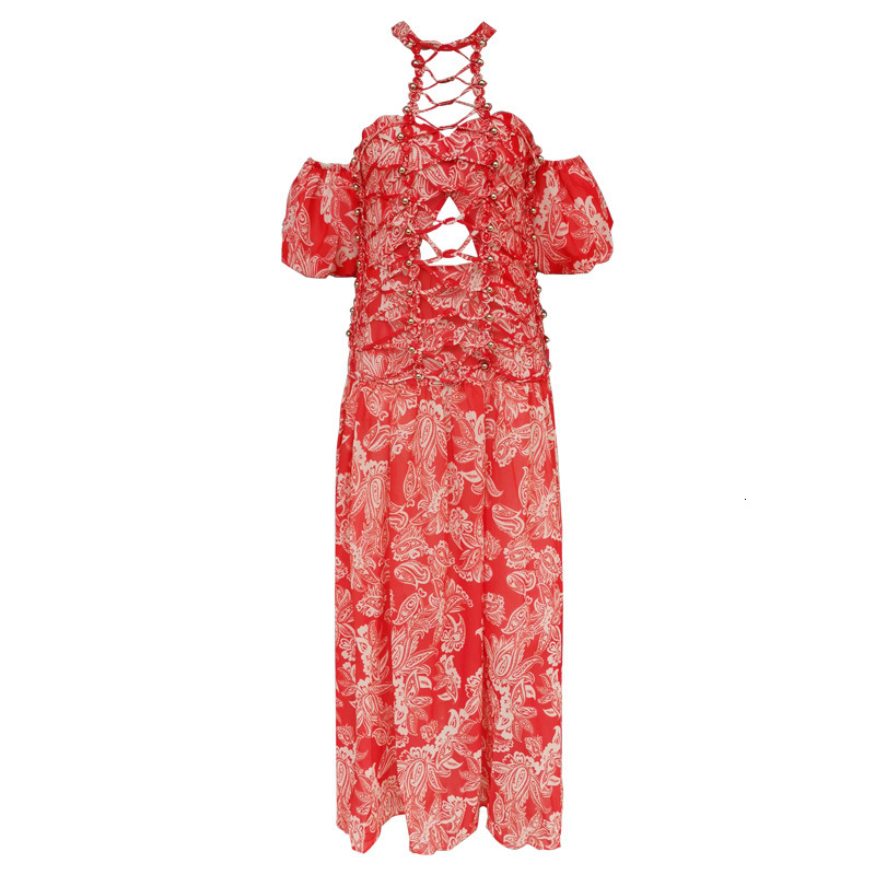 

2021 New Summer Vintage Woman Dressed in a Halter Collar Lantern Cross Floral Bust Printed Red Dress of the Ladies'bathrobe Mis0