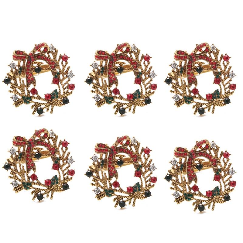 

HOT-6Pcs Christmas Wreath Napkin Rings Metal Napkin Buckle Holder Circle Hotel Restaurant Wedding Party Dinner Tab