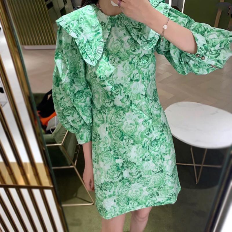 

2020 New Women Green Print Mini Dress Peter Pan Collar Short Puff Sleeve Spring Summer Ladies Fresh Cotton Dresses