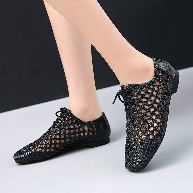 

2021 New -year-old Women's Genuine Lace Above Toe Cut Outs Weaving Shoes Apartment Ladies'shoes 86VY, Black