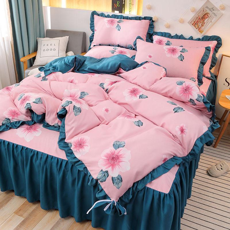 

Korean version of the net red bed skirt four-piece thick sanded princess wind non-slip bedspread duvet cover three-piece bedding1, Flowers