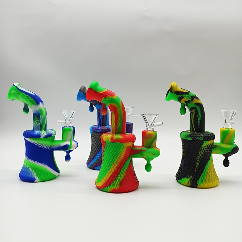 

water transfer printed Silicone Bong Water Pipes Hookahs Silicon small bubbler bongs Hookah Free Glass Bowl dabber tools dab rig