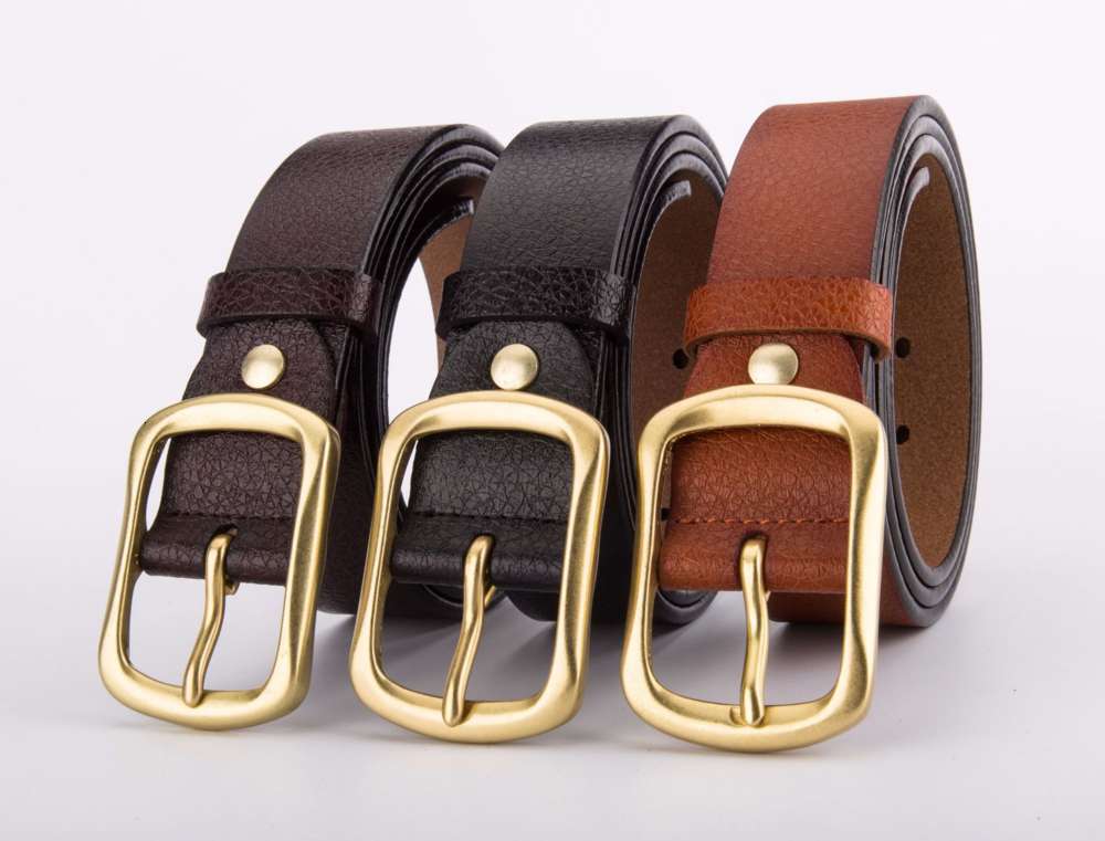 

Leather belt men's pure copper Japanese button pure cow leather youth business belt casual dress versatile trouser belt, Black