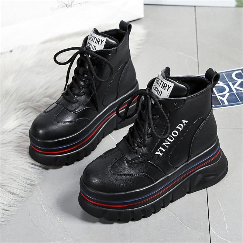 

2021 New Spring Autumn Woman High Quality Chunky-7cm Casual Leather Shoes Thick Heels Soled Boots Short 3R5D, Black
