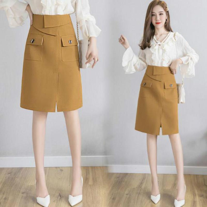 

2021 Women Autumn Winter Casual Mid-long Skirts Lady Pocket Irregular High Waist A-line Split Skirts Female Slim Solid Skirt D37, Black