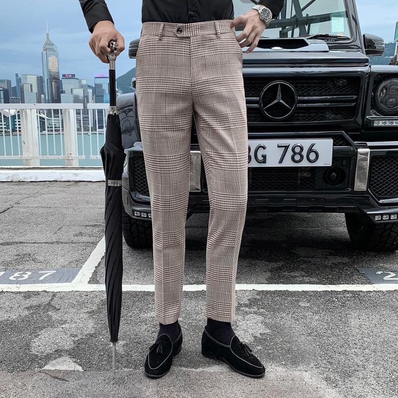 

Korean Men's Trousers Slim Feet Casual Business Dress Pants Office Social Plaid Trousers Streetwear Wedding Non-iron Suit Pants, Gray