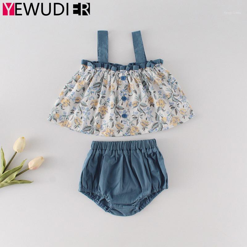 

Fashion Summer Baby Girl Clothes Infant Kid Sweet Printed Suspender Top Dress Solid Short Bloomer Pant Newborn Outfits Set 0-24M1, Blue