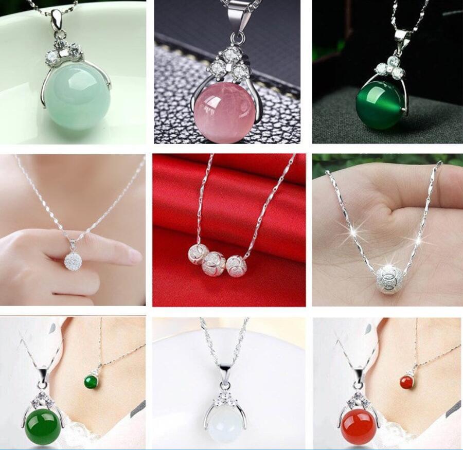 

Fashion 925 Sterling Silver Necklace with Natural Jades/Agates/Crystals Pendants For Ladies Korean Style Precious Stones Pendants Necklaces