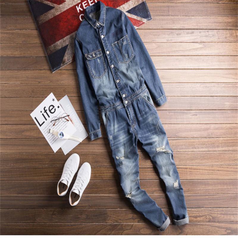 

Men's long-sleeved denim overalls retro style lapel jeans and lapel hip-hop overalls casual pants, Blue